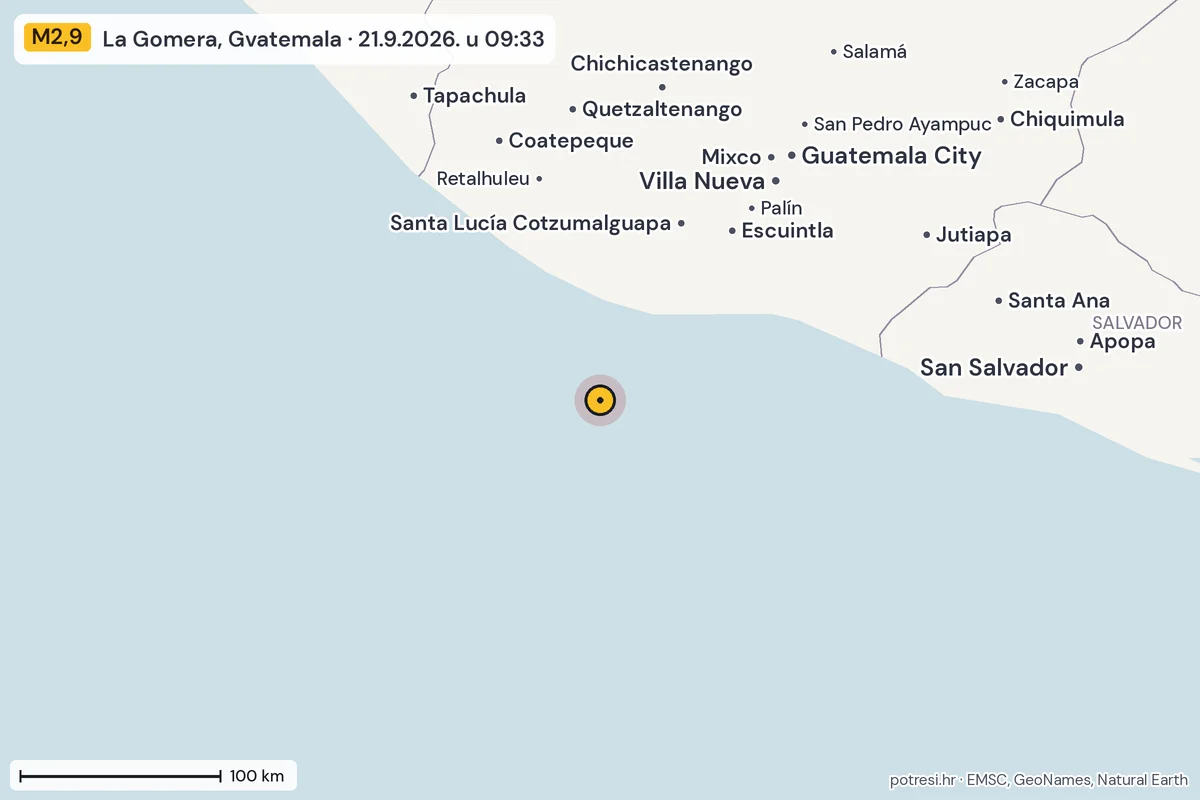 Karta: šire područje, 600 km, potres M2,9, La Gomera, Gvatemala, 21.9.2026.