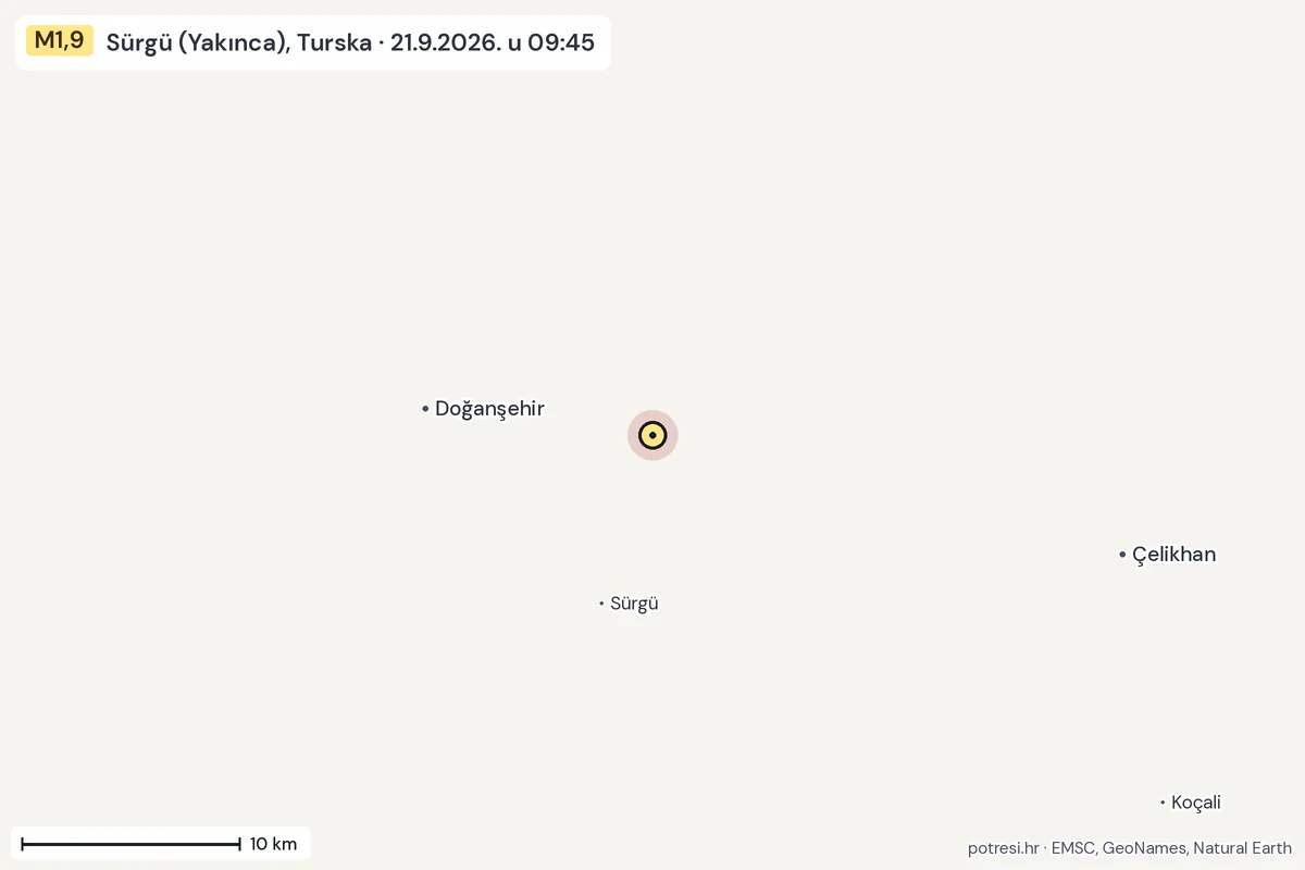 Karta: okolica epicentra, 60 km, potres M1,9, Sürgü (Yakınca), Turska, 21.9.2026.