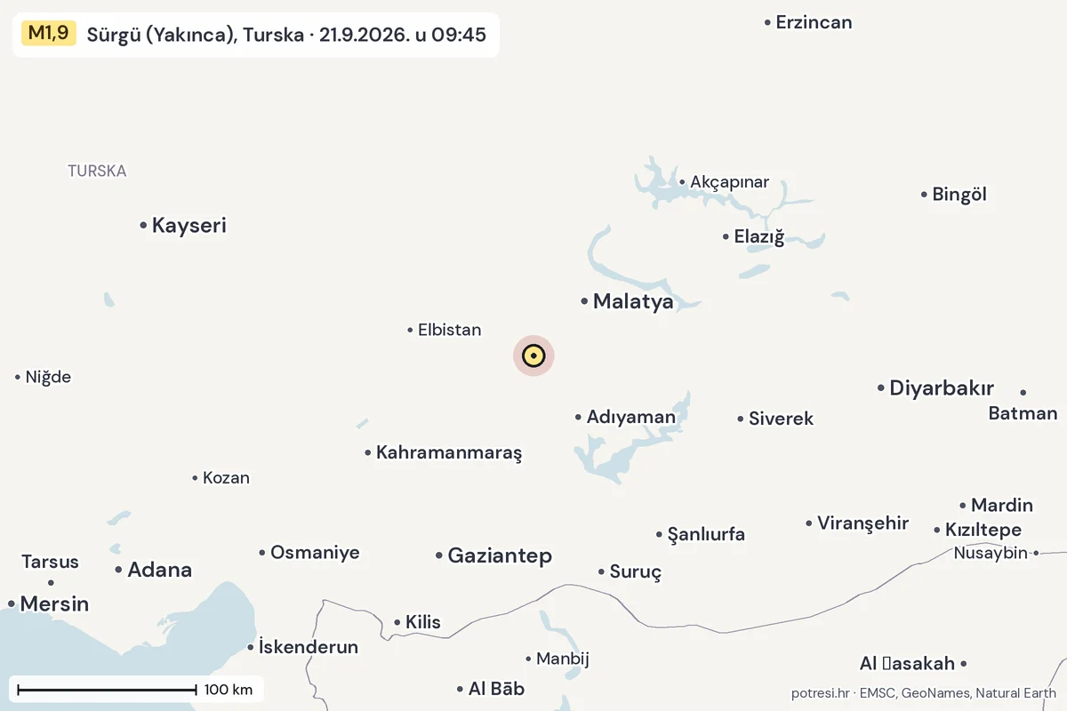 Karta: šire područje, 600 km, potres M1,9, Sürgü (Yakınca), Turska, 21.9.2026.
