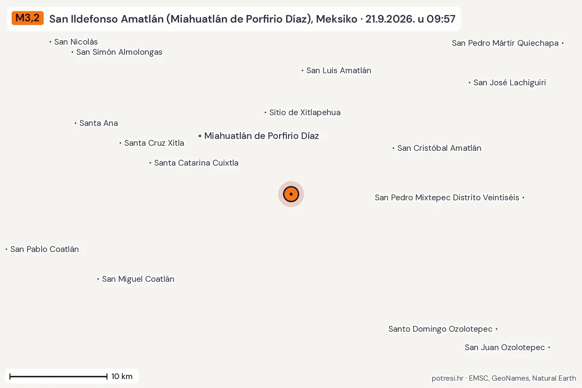 Karta: okolica epicentra, 60 km, potres M3,2, San Ildefonso Amatlán (Miahuatlán de Porfirio Díaz), Meksiko, 21.9.2026.