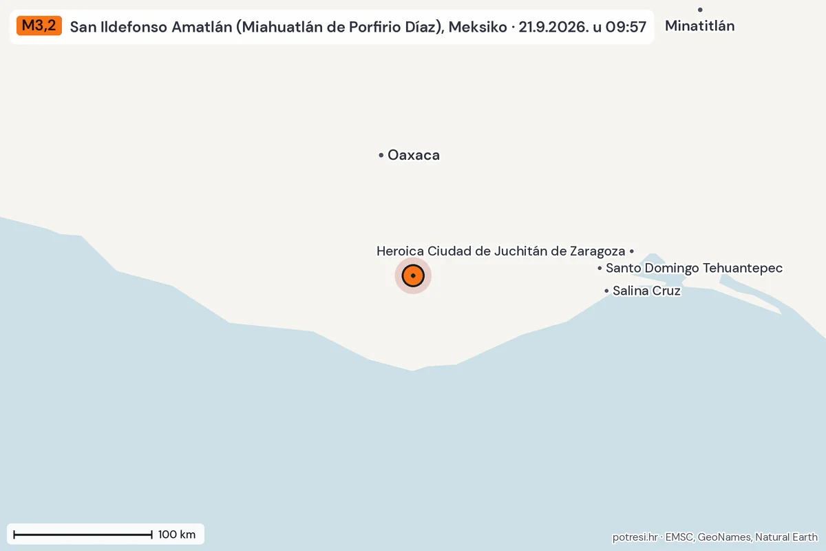 Karta: šire područje, 600 km, potres M3,2, San Ildefonso Amatlán (Miahuatlán de Porfirio Díaz), Meksiko, 21.9.2026.