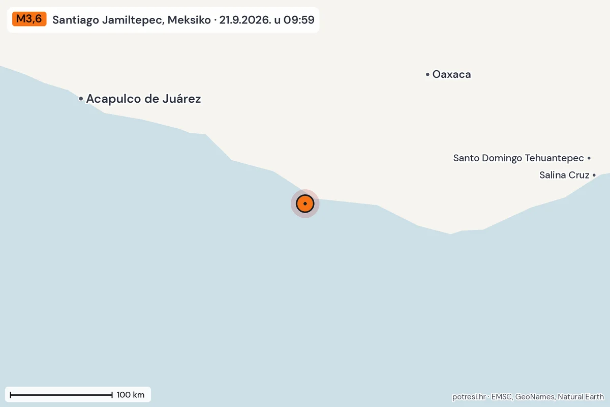 Karta: šire područje, 600 km, potres M3,6, Santiago Jamiltepec, Meksiko, 21.9.2026.