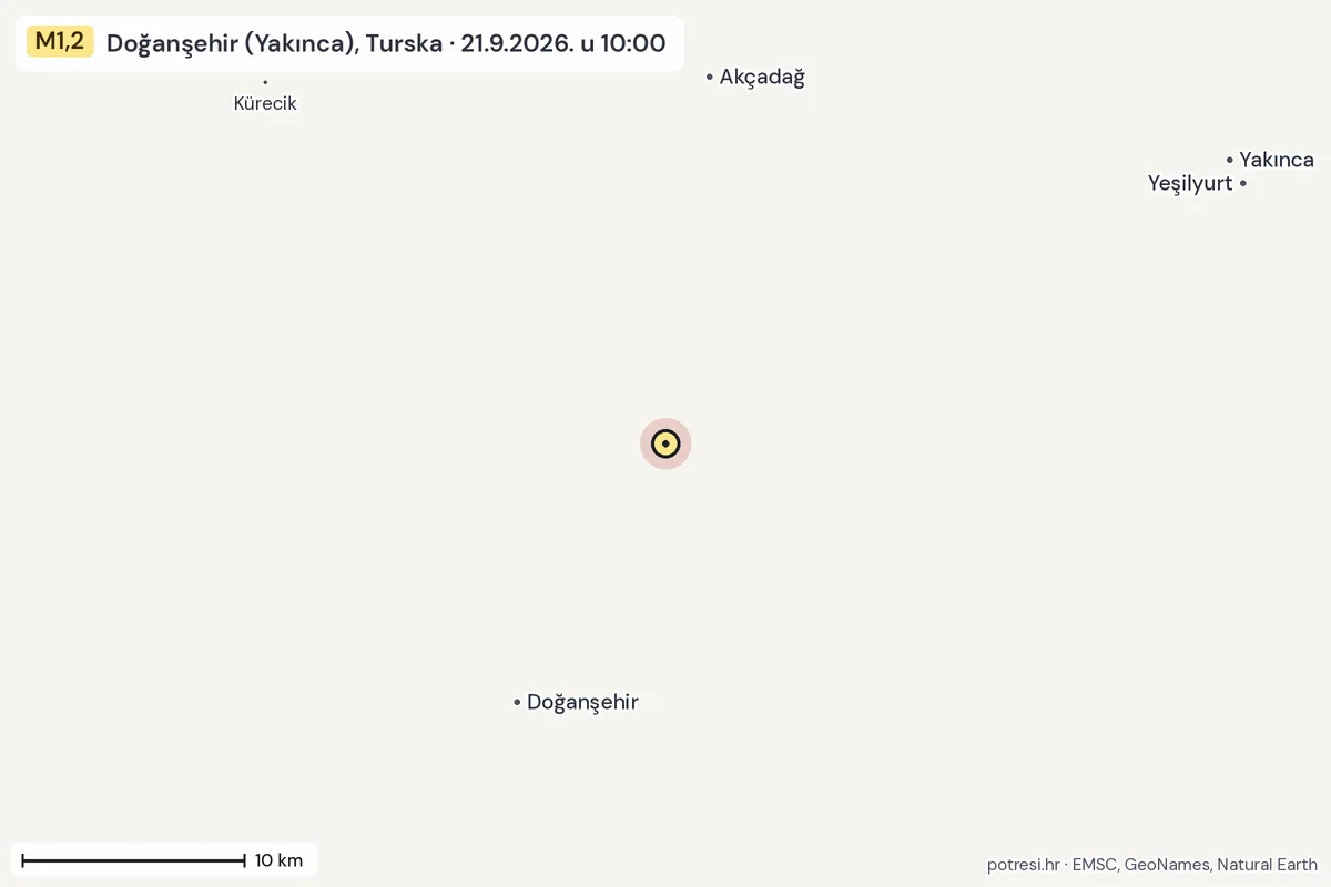 Karta: okolica epicentra, 60 km, potres M1,2, Doğanşehir (Yakınca), Turska, 21.9.2026.