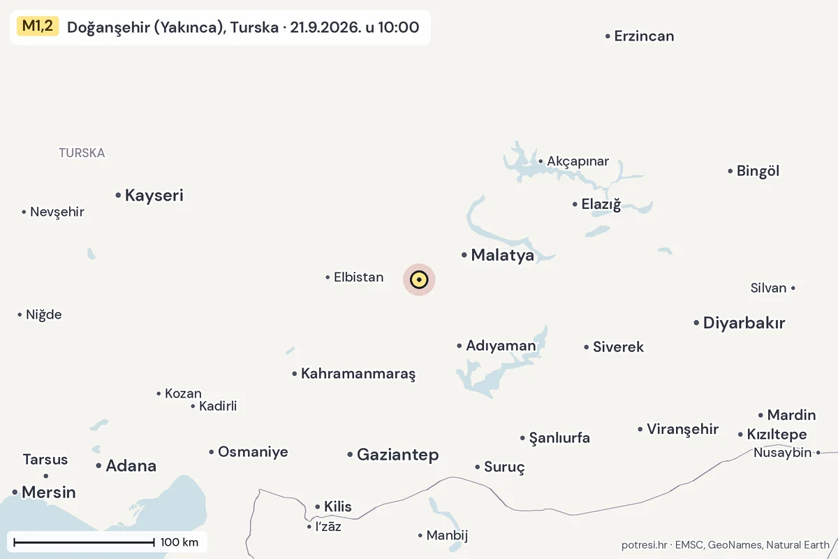 Karta: šire područje, 600 km, potres M1,2, Doğanşehir (Yakınca), Turska, 21.9.2026.