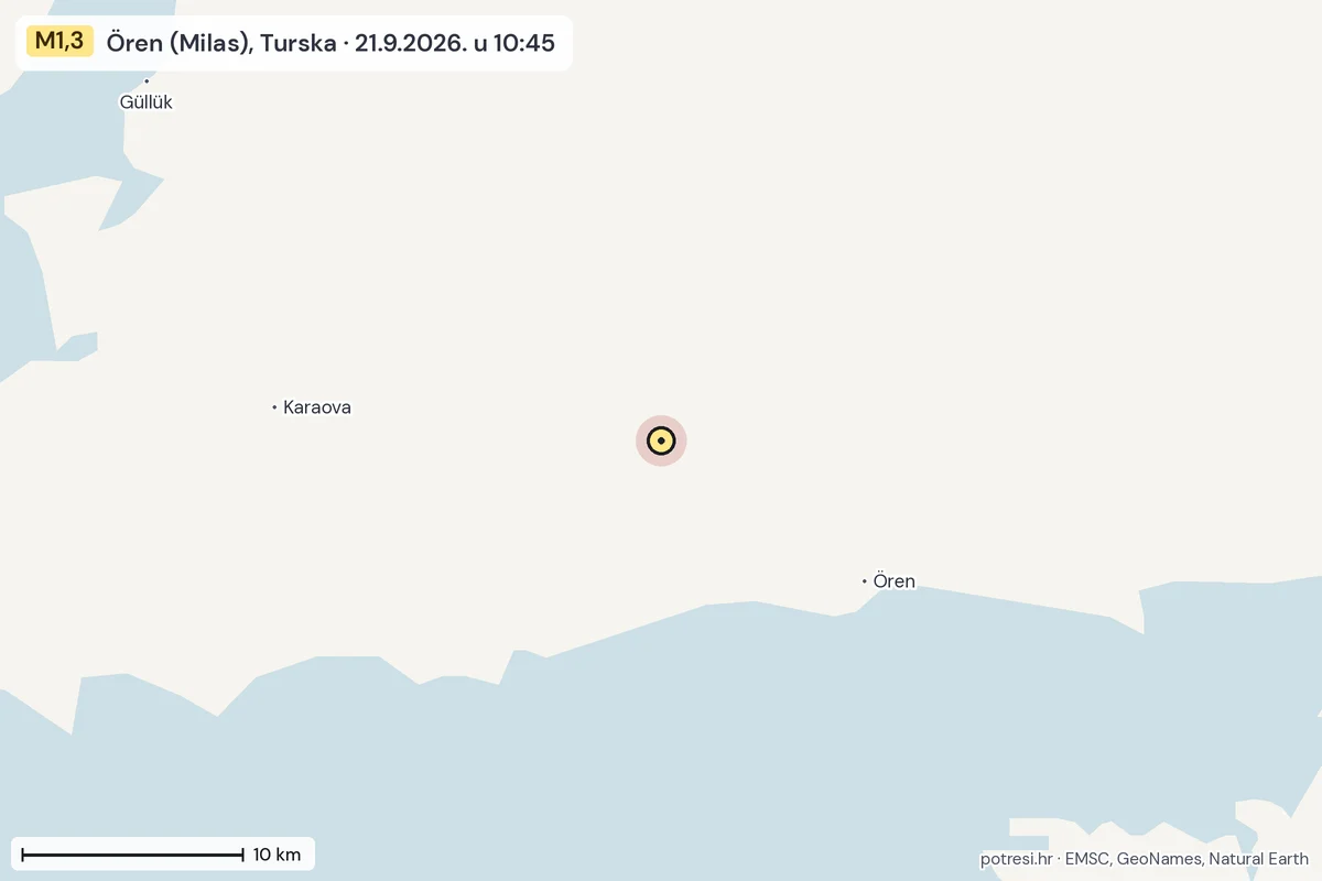 Karta: okolica epicentra, 60 km, potres M1,3, Ören (Milas), Turska, 21.9.2026.