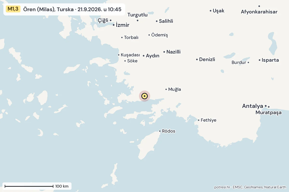 Karta: šire područje, 600 km, potres M1,3, Ören (Milas), Turska, 21.9.2026.