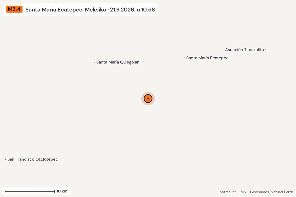 Karta: okolica epicentra, 60 km, potres M3,4, Santa María Ecatepec, Meksiko, 21.9.2026.