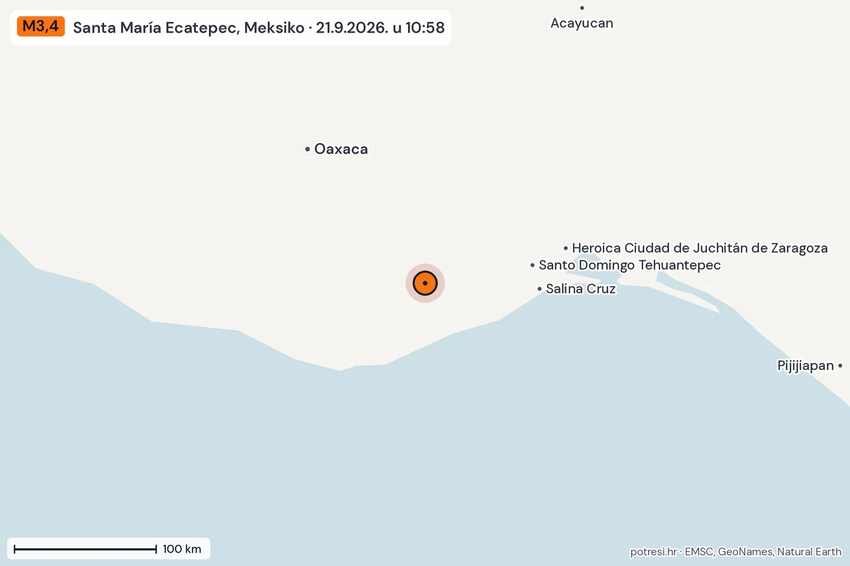 Karta: šire područje, 600 km, potres M3,4, Santa María Ecatepec, Meksiko, 21.9.2026.