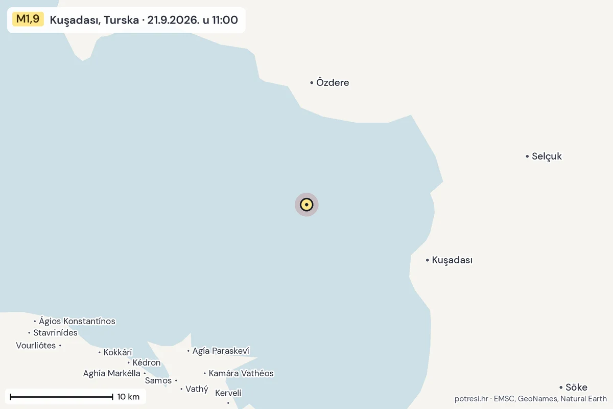 Karta: okolica epicentra, 60 km, potres M1,9, Kuşadası, Turska, 21.9.2026.