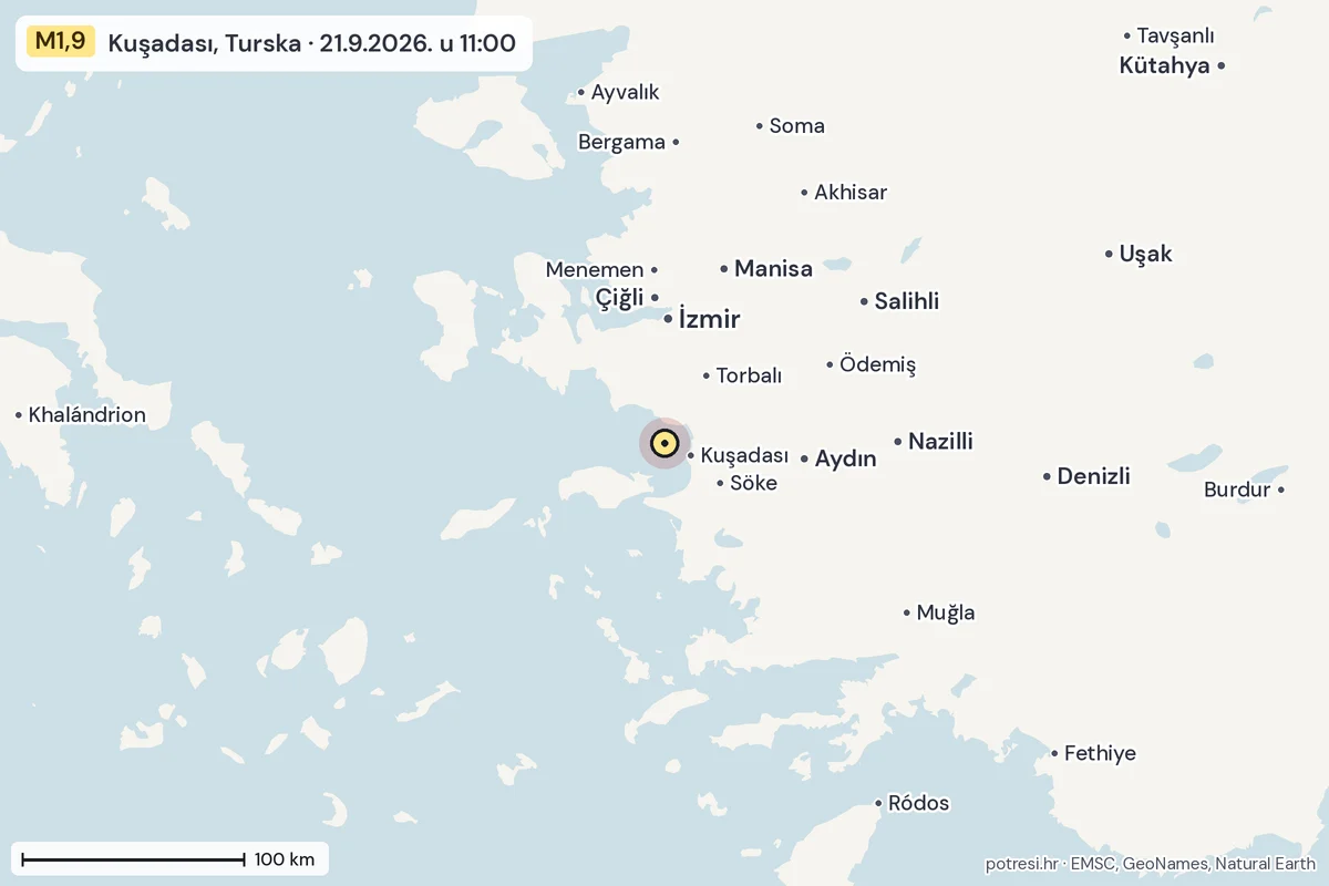 Karta: šire područje, 600 km, potres M1,9, Kuşadası, Turska, 21.9.2026.