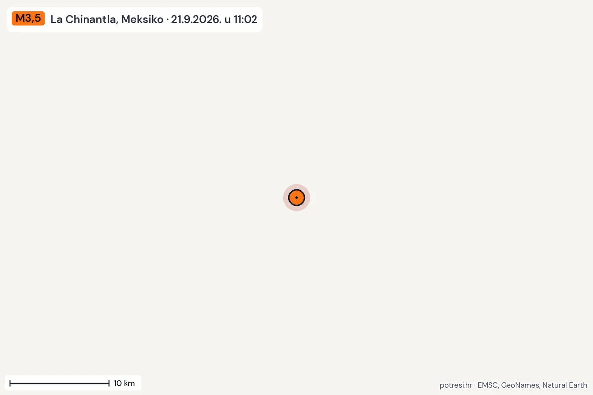 Karta: okolica epicentra, 60 km, potres M3,5, La Chinantla, Meksiko, 21.9.2026.
