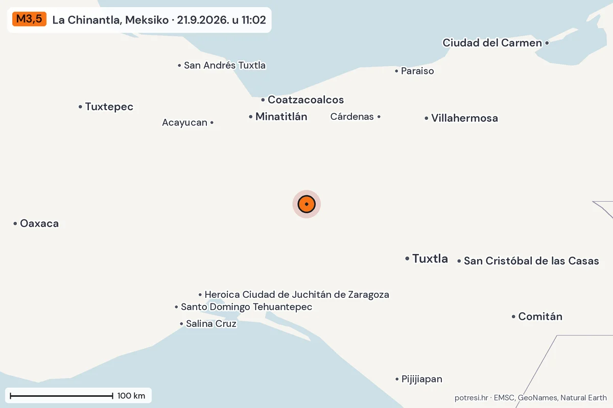 Karta: šire područje, 600 km, potres M3,5, La Chinantla, Meksiko, 21.9.2026.