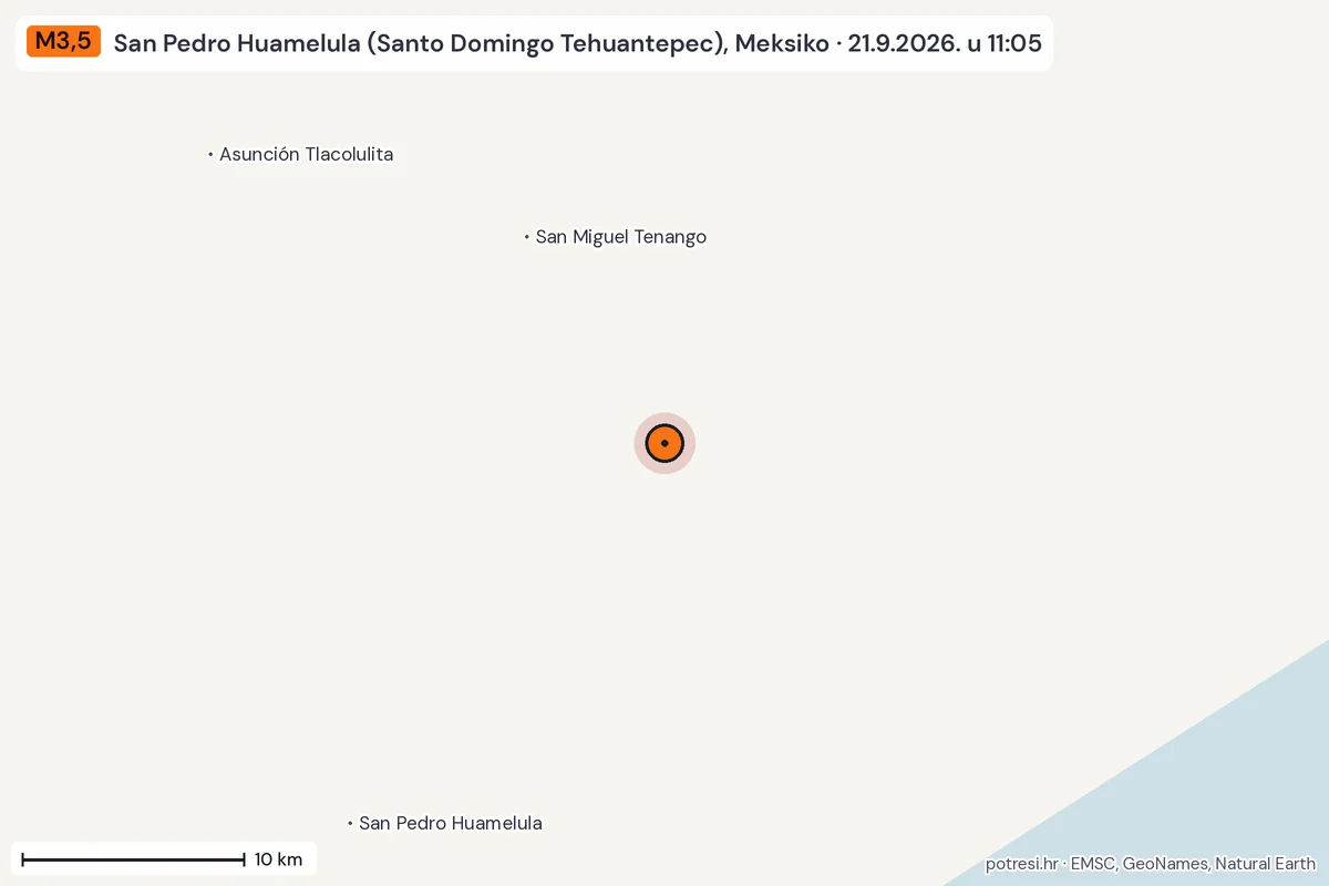 Karta: okolica epicentra, 60 km, potres M3,5, San Pedro Huamelula (Santo Domingo Tehuantepec), Meksiko, 21.9.2026.