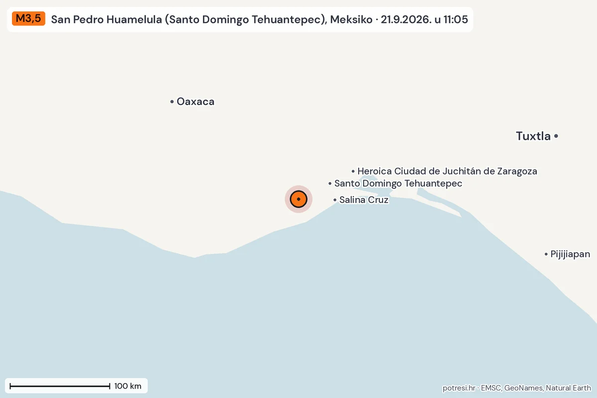 Karta: šire područje, 600 km, potres M3,5, San Pedro Huamelula (Santo Domingo Tehuantepec), Meksiko, 21.9.2026.