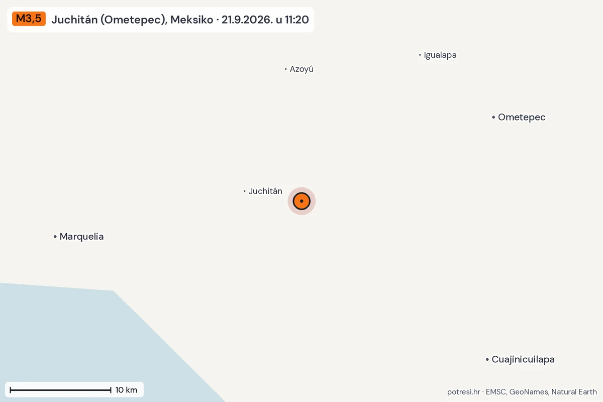 Karta: okolica epicentra, 60 km, potres M3,5, Juchitán (Ometepec), Meksiko, 21.9.2026.