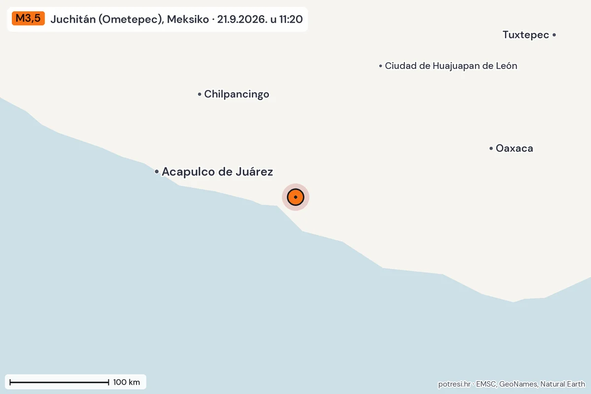 Karta: šire područje, 600 km, potres M3,5, Juchitán (Ometepec), Meksiko, 21.9.2026.