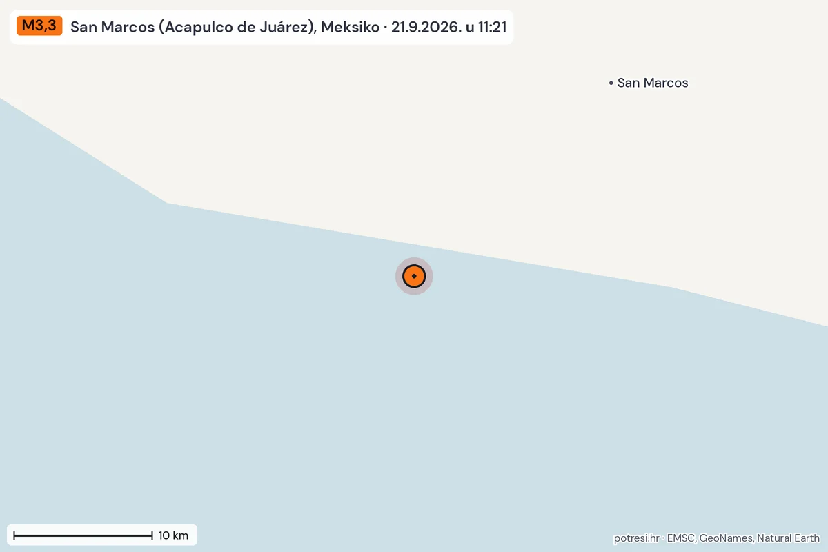 Karta: okolica epicentra, 60 km, potres M3,3, San Marcos (Acapulco de Juárez), Meksiko, 21.9.2026.