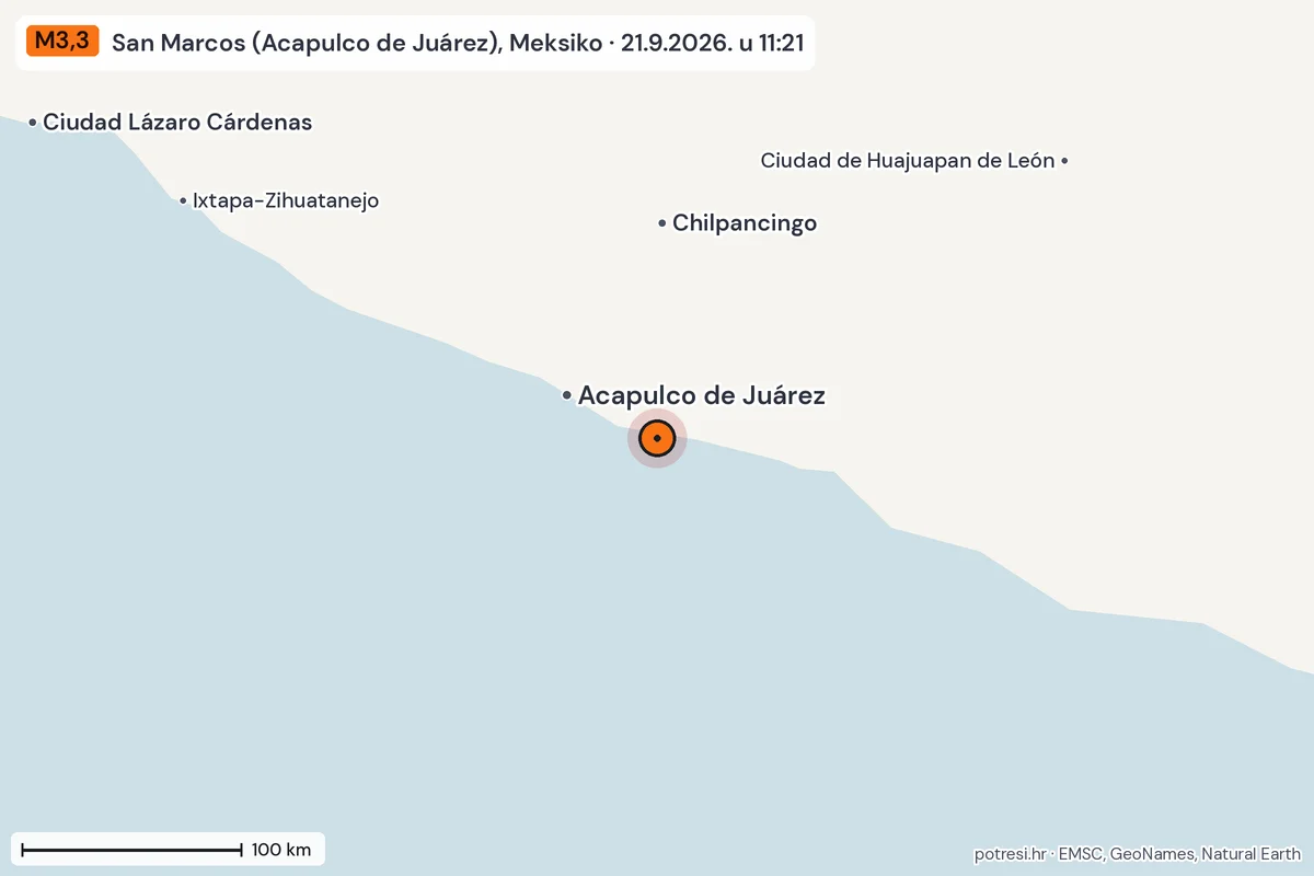 Karta: šire područje, 600 km, potres M3,3, San Marcos (Acapulco de Juárez), Meksiko, 21.9.2026.