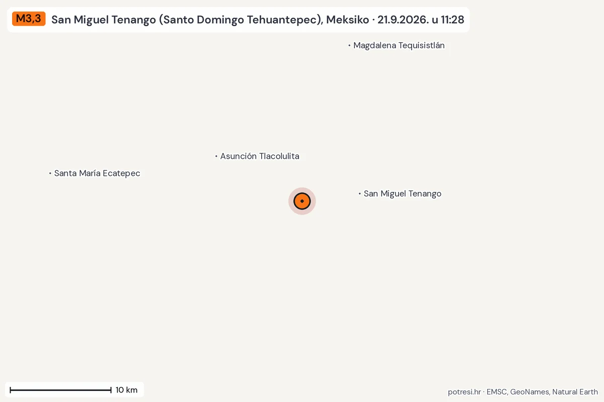 Karta: okolica epicentra, 60 km, potres M3,3, San Miguel Tenango (Santo Domingo Tehuantepec), Meksiko, 21.9.2026.