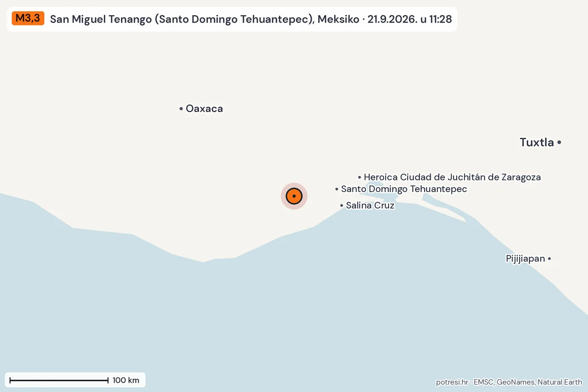 Karta: šire područje, 600 km, potres M3,3, San Miguel Tenango (Santo Domingo Tehuantepec), Meksiko, 21.9.2026.