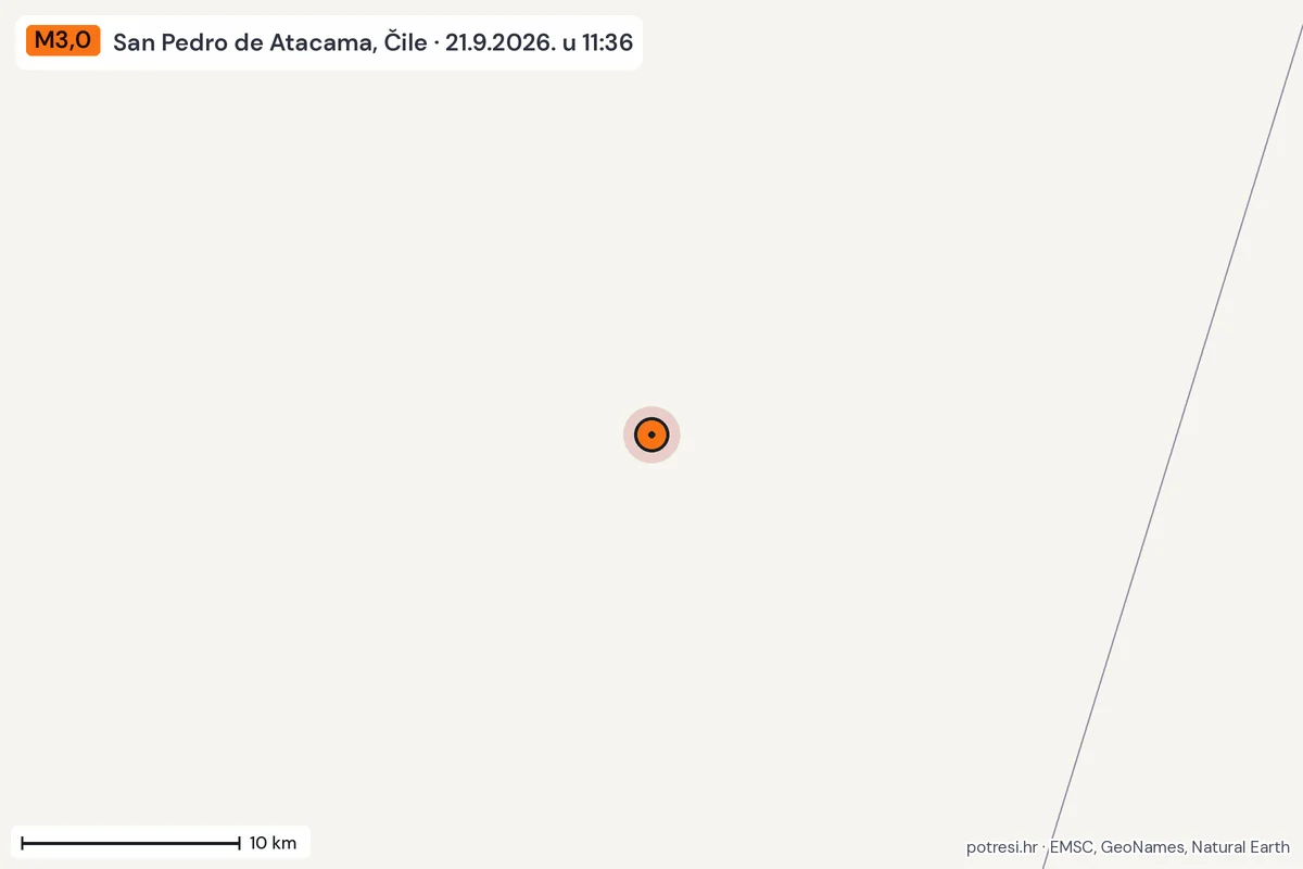 Karta: okolica epicentra, 60 km, potres M3,0, San Pedro de Atacama, Čile, 21.9.2026.