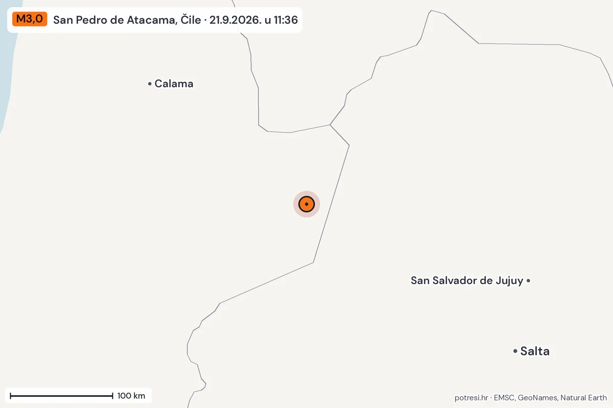 Karta: šire područje, 600 km, potres M3,0, San Pedro de Atacama, Čile, 21.9.2026.