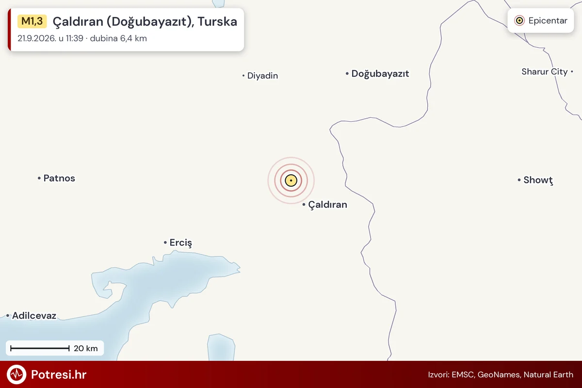 Karta: šire područje i vjerojatni doseg osjeta, potres M1,3, Çaldıran (Doğubayazıt), Turska, 21.9.2026.