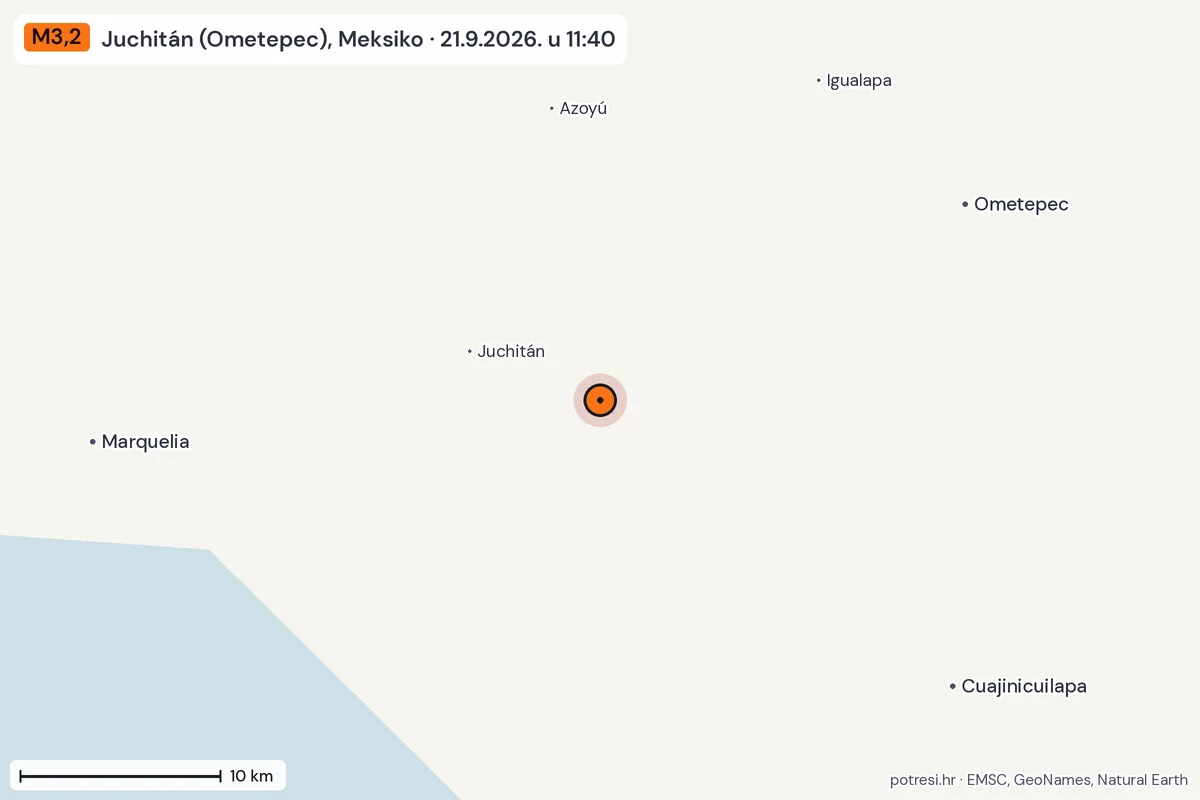 Karta: okolica epicentra, 60 km, potres M3,2, Juchitán (Ometepec), Meksiko, 21.9.2026.