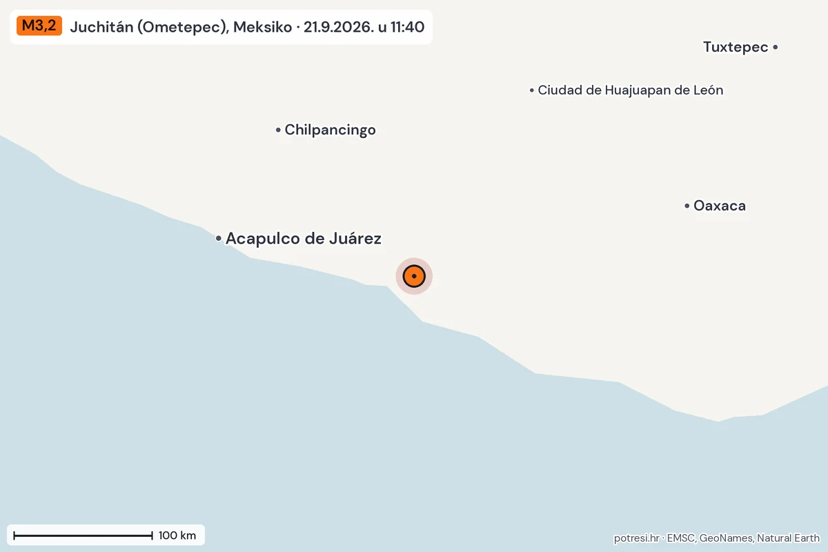 Karta: šire područje, 600 km, potres M3,2, Juchitán (Ometepec), Meksiko, 21.9.2026.