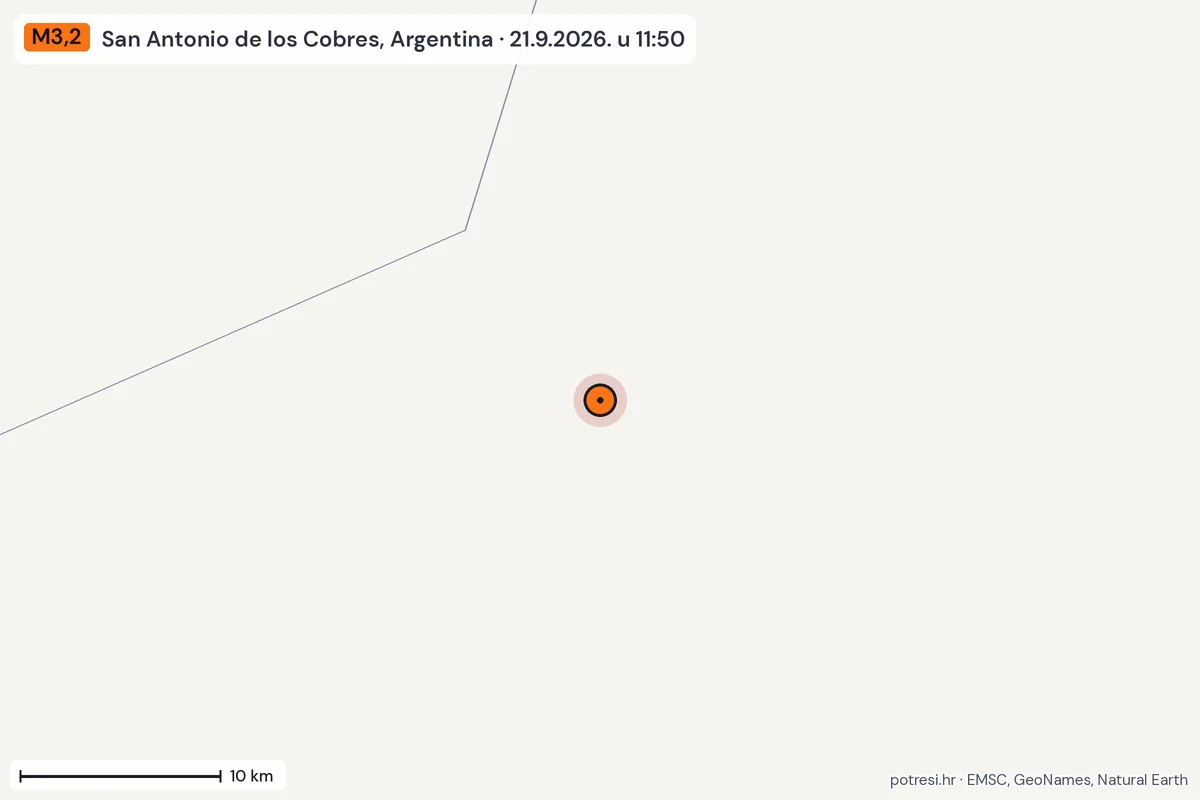Karta: okolica epicentra, 60 km, potres M3,2, San Antonio de los Cobres, Argentina, 21.9.2026.