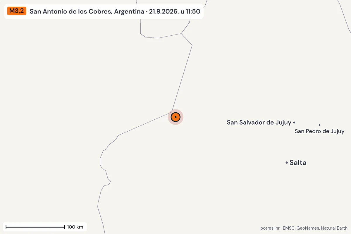 Karta: šire područje, 600 km, potres M3,2, San Antonio de los Cobres, Argentina, 21.9.2026.