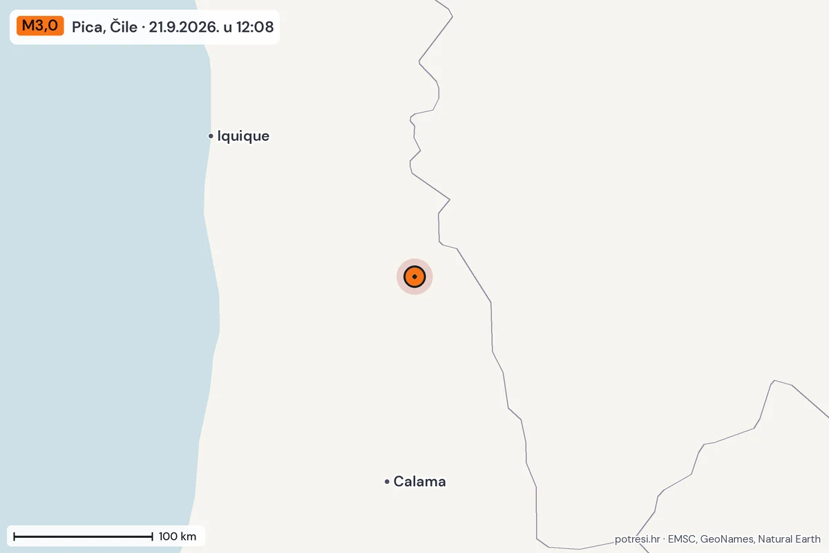Karta: šire područje, 600 km, potres M3,0, Pica, Čile, 21.9.2026.