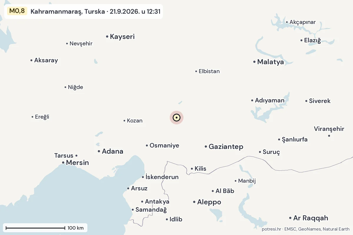 Karta: šire područje, 600 km, potres M0,8, Kahramanmaraş, Turska, 21.9.2026.