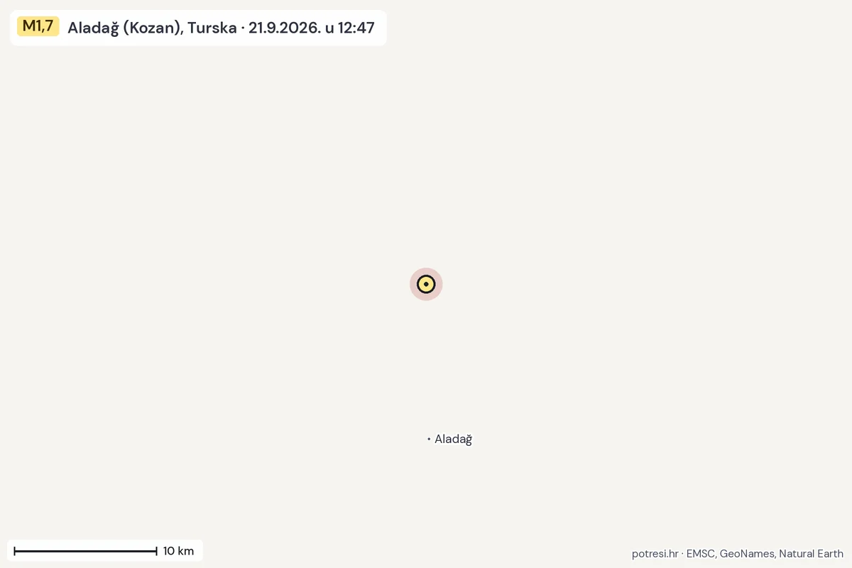 Karta: okolica epicentra, 60 km, potres M1,7, Aladağ (Kozan), Turska, 21.9.2026.
