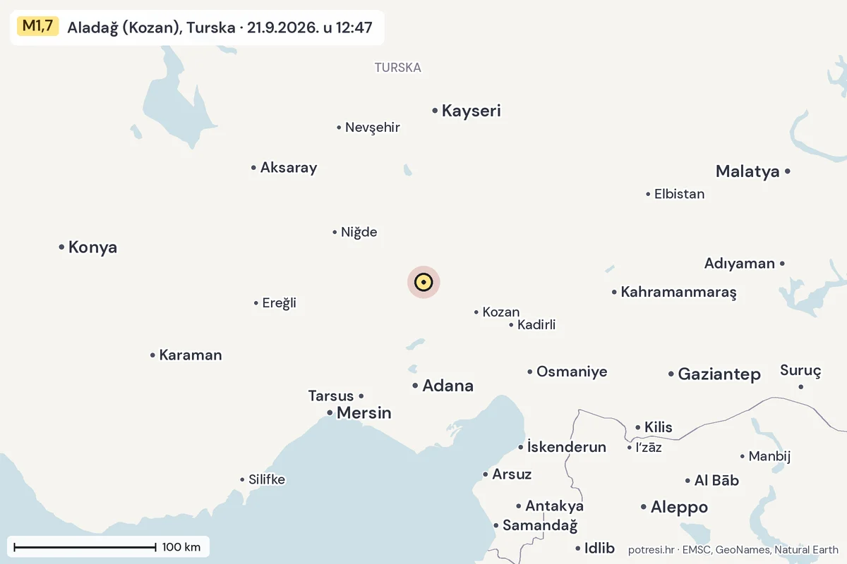 Karta: šire područje, 600 km, potres M1,7, Aladağ (Kozan), Turska, 21.9.2026.