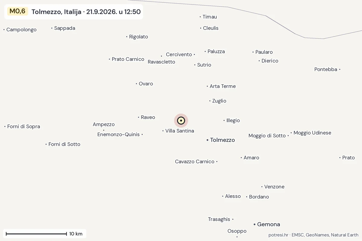 Karta: okolica epicentra, 60 km, potres M0,6, Tolmezzo, Italija, 21.9.2026.
