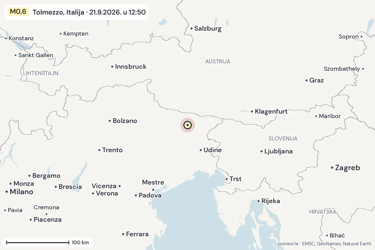 Karta: šire područje, 600 km, potres M0,6, Tolmezzo, Italija, 21.9.2026.