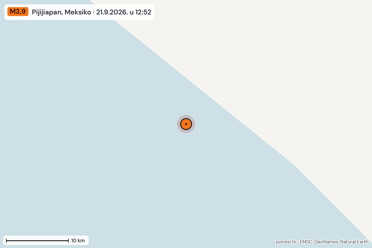 Karta: okolica epicentra, 60 km, potres M3,9, Pijijiapan, Meksiko, 21.9.2026.