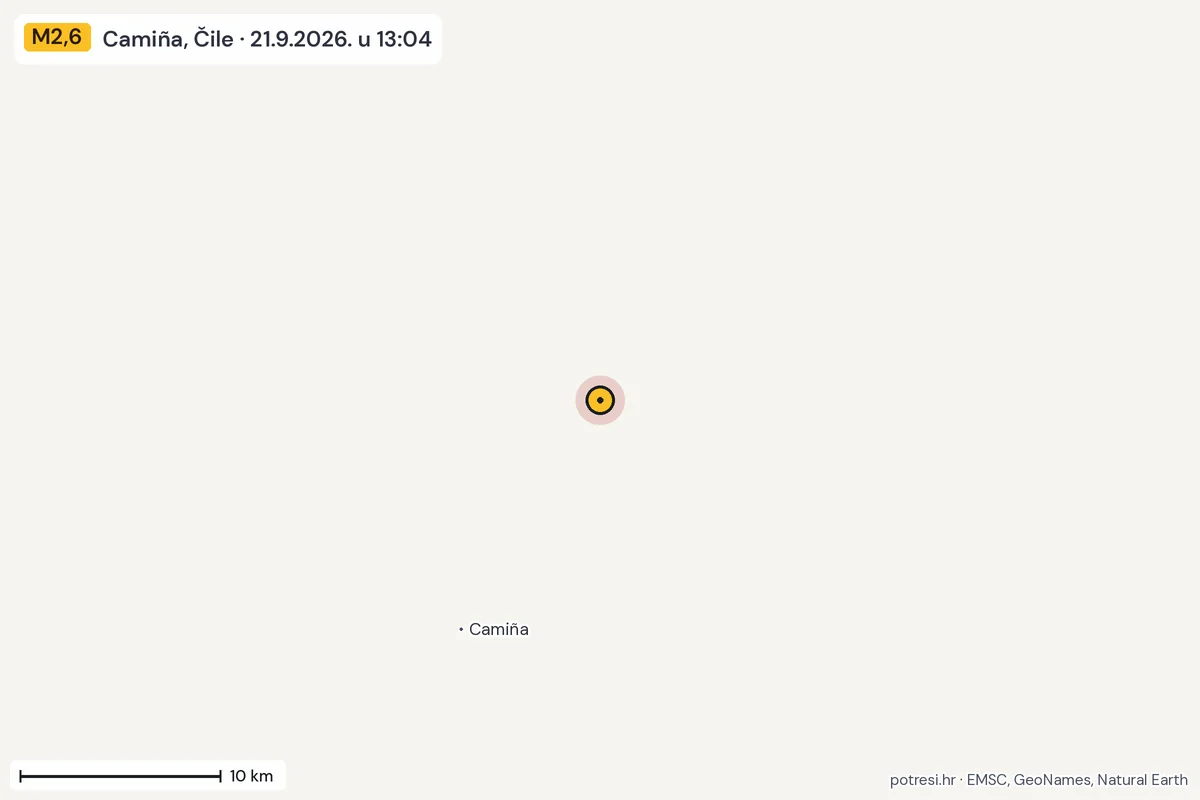 Karta: okolica epicentra, 60 km, potres M2,6, Camiña, Čile, 21.9.2026.