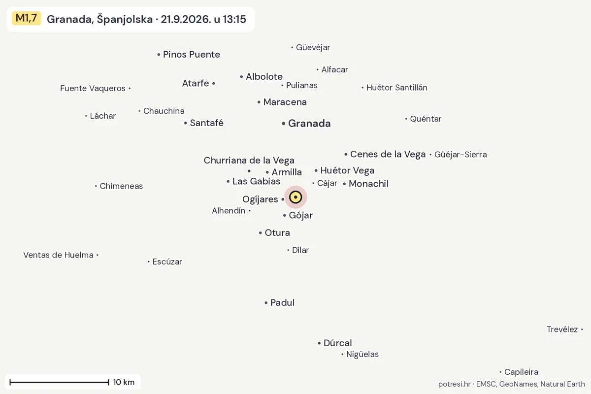 Karta: okolica epicentra, 60 km, potres M1,7, Granada, Španjolska, 21.9.2026.