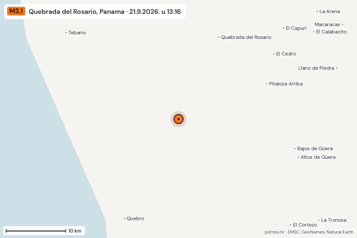 Karta: okolica epicentra, 60 km, potres M3,1, Quebrada del Rosario, Panama, 21.9.2026.