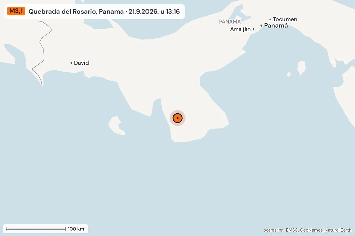 Karta: šire područje, 600 km, potres M3,1, Quebrada del Rosario, Panama, 21.9.2026.