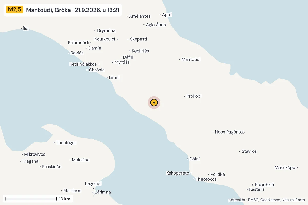 Karta: okolica epicentra, 60 km, potres M2,5, Mantoúdi, Grčka, 21.9.2026.