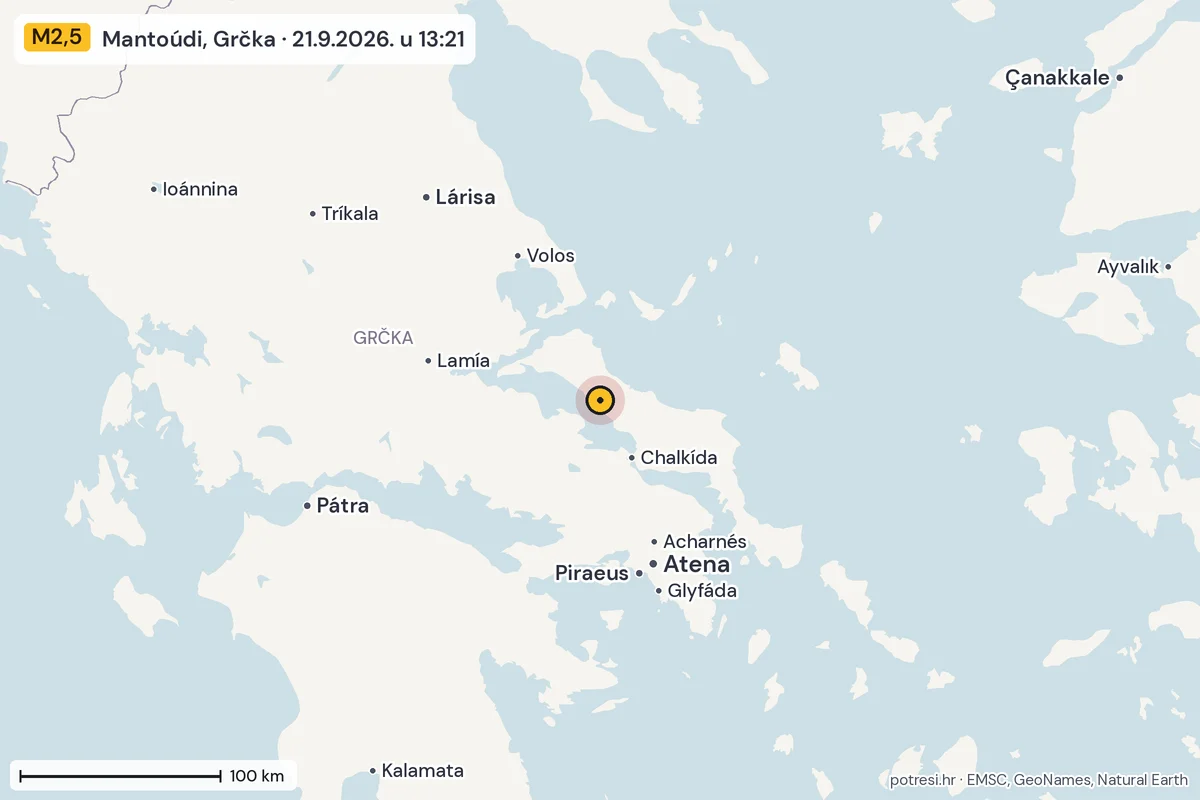 Karta: šire područje, 600 km, potres M2,5, Mantoúdi, Grčka, 21.9.2026.