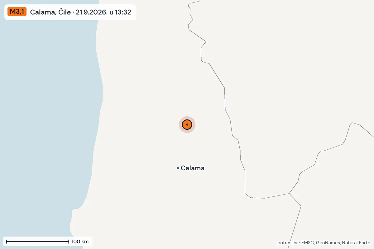 Karta: šire područje, 600 km, potres M3,1, Calama, Čile, 21.9.2026.