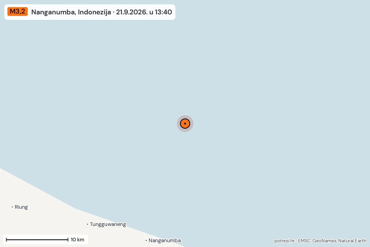 Karta: okolica epicentra, 60 km, potres M3,2, Nanganumba, Indonezija, 21.9.2026.