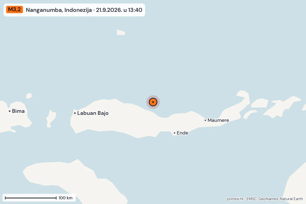 Karta: šire područje, 600 km, potres M3,2, Nanganumba, Indonezija, 21.9.2026.