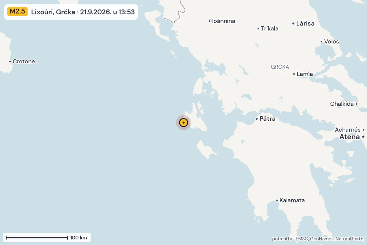 Karta: šire područje, 600 km, potres M2,5, Lixoúri, Grčka, 21.9.2026.