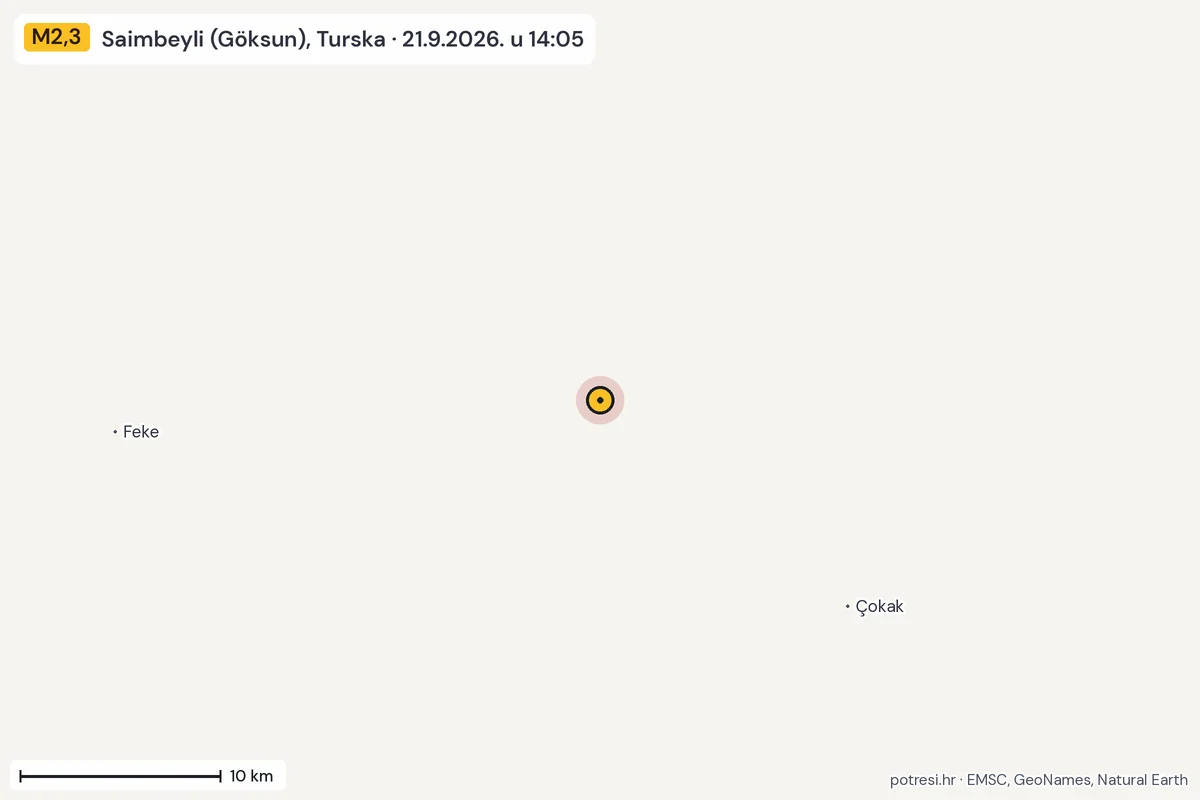 Karta: okolica epicentra, 60 km, potres M2,3, Saimbeyli (Göksun), Turska, 21.9.2026.