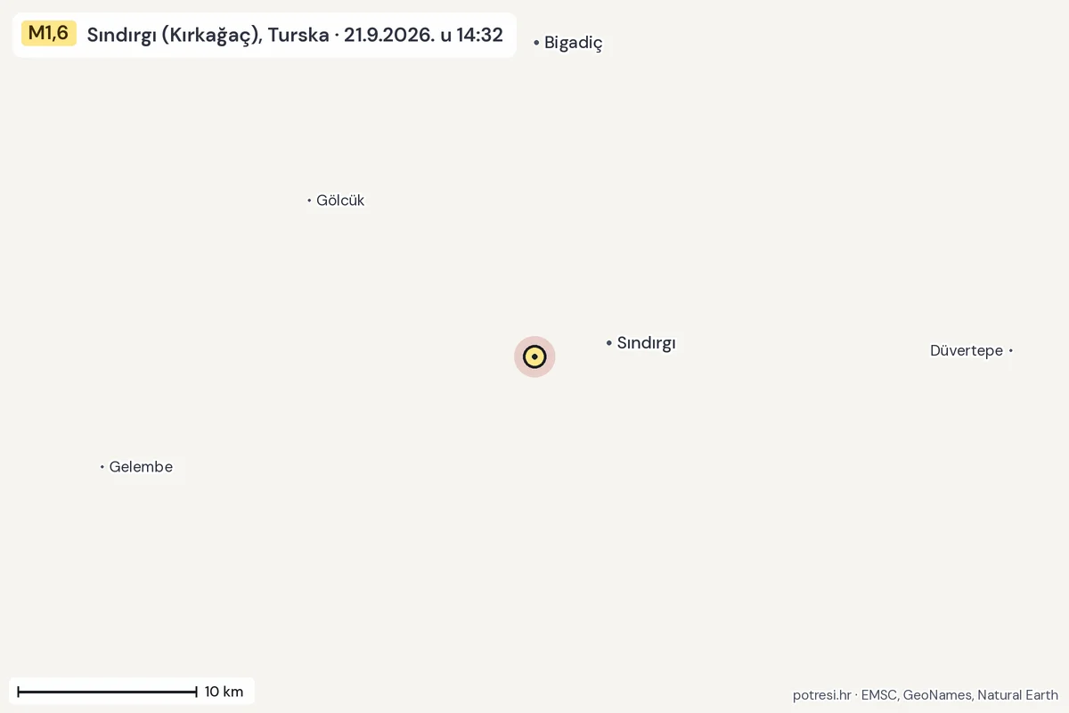 Karta: okolica epicentra, 60 km, potres M1,6, Sındırgı (Kırkağaç), Turska, 21.9.2026.